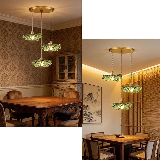 Green Glass Pendant Light 3-Light Cluster Chandelier Adjustable Gold Brass Pendant Hanging Light Farmhouse Pendant Lights for Kitchen Island Dining Room Bedroom