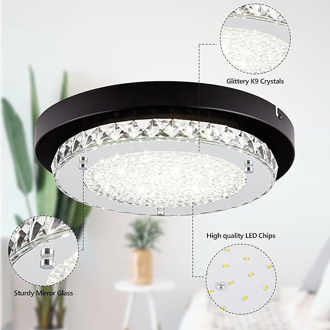 Crystal Flush Mount Ceiling Light Fixture 13 Inch LED Bathroom Ceiling Light Dimmable Black Hallway Light Fixture Round Close to Ceiling Light Small Crystal Chandeliers for Kitchen Launtry 4000K