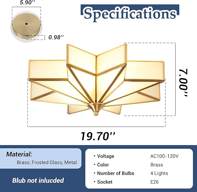 Star Glass Ceiling Light with Ceramic Light Socket Brass Flush Mount Ceiling Light Fixture with Frosted Glass Shade Mid Century Moravian Star Light for Bedroom Foyer Living Room (19.7")