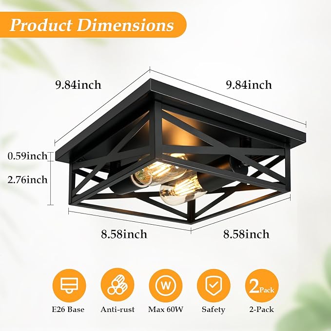 2-Light Flush Mount Ceiling Light Fixture, Square Farmhouse Ceiling Lights for Kitchen, Modern Black Close to Ceiling Light for Hallway Bedroom Balcony Porch Stairway, E26, (2 Pack)