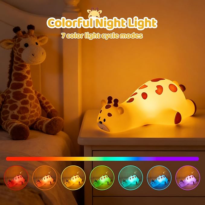 Kawaii Giraffe Lamp Silicone Night Light, Tap Control Squishy Baby Lights for Nursery, 3 Levels Dimmable Rechargeable LED Bedside Lamp with Timer, Giraffe Gifts for Toddler, Bedroom, Toy