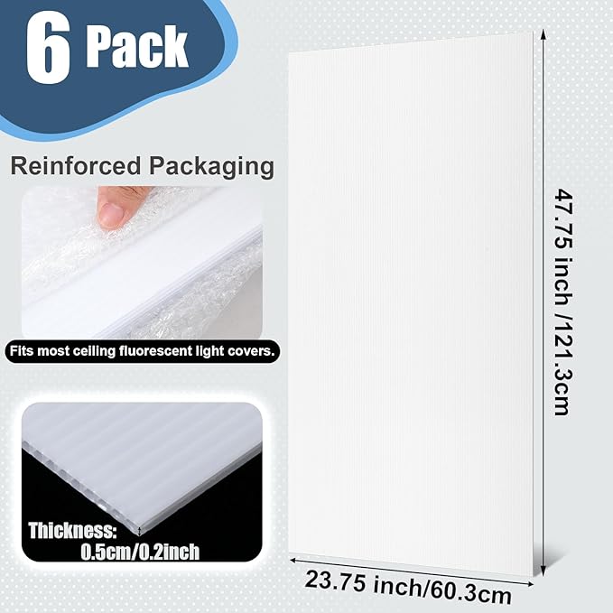Pushglossy 6 Pack 23.75" x 47.75" x 0.2" Fluorescent Light Covers Polycarbonate Diffuser Panels Replacement for 2x4ft Drop Ceiling Light Fixture for Classroom Office Commercial Use (Milky White)
