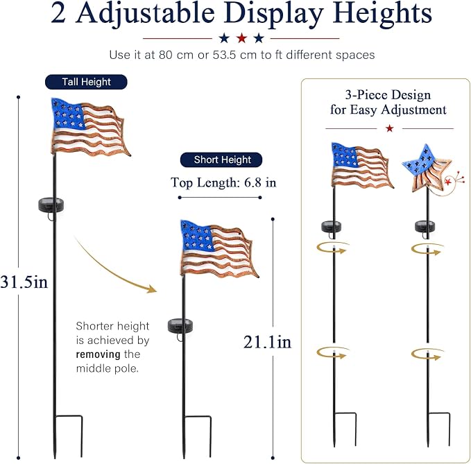 4th of July Decorations Outdoor Solar Lights, Metal American Flag Lights Patriotic Barn Stars Decorative Garden Stakes Light for Independence Day, Memorial Day Veterans Day Yard Path Lawn Decor