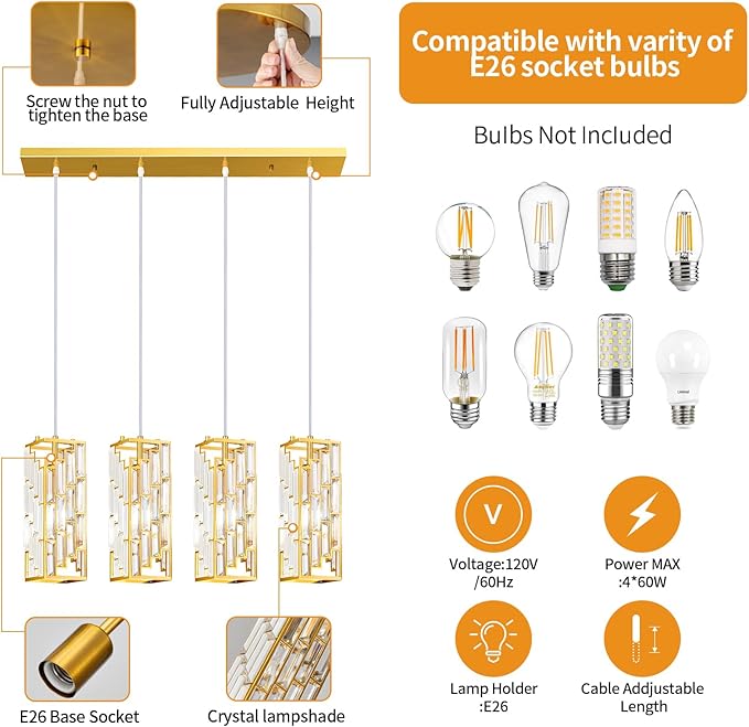 Gold Pendant Lighting Modern Pendant Light, Mini Crystal Chandeliers,Adjustable Pendant Light Fixture for Kitchen Island Dinning Room Bedroom (4 Light)