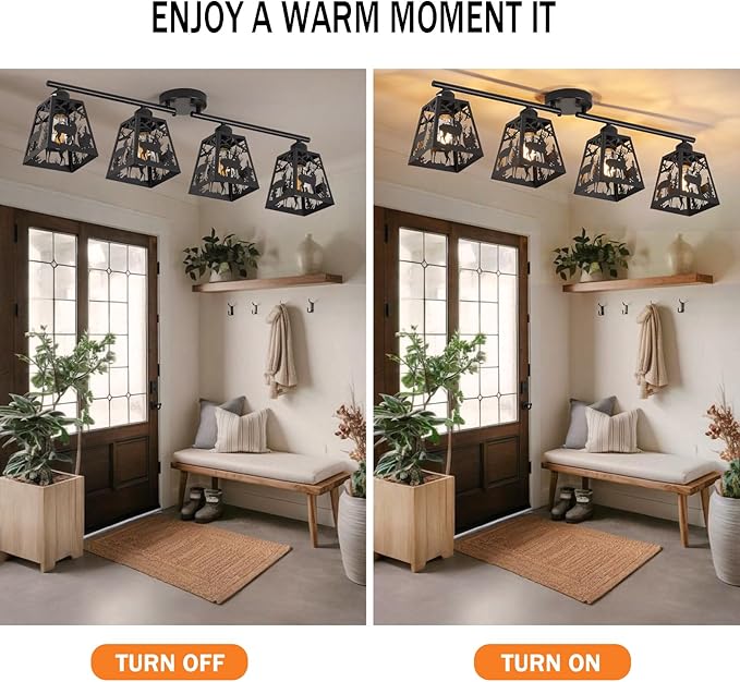 Rustic Flush Mount Ceiling Light - 4-Light Metal Fixture with Deer Design, Farmhouse Ceiling Lamp for Kitchen, Living Room, Bedroom, Dining Room, Entryway, Hallway (Bulbs not Included)