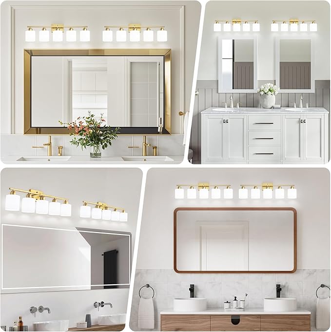 Bath Vanity Lights for Mirror, Restroom Lights Fixtures with Milky White Frosted Glass Shades,Bathroom Over Sink Light Fixtures, Bathroom Light Fixtures Over Mirror (Gold, 5-Light)