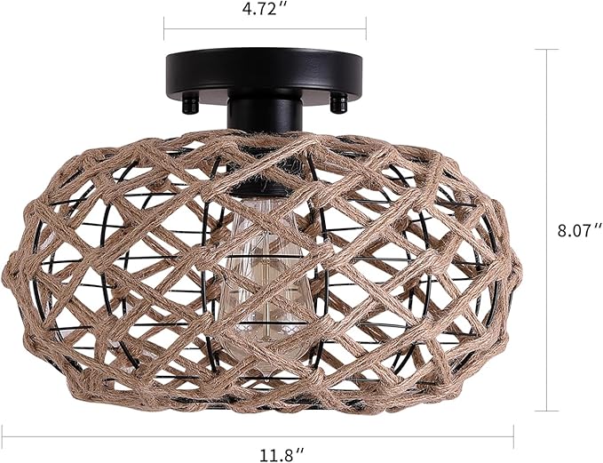 Coastal Woven Flush Mount Ceiling Light Fixture Boho Rustic Hemp Rope Round Cage Semi Flush Mount Ceiling Light for Hallway Kitchen Entry Bedroom Farmhouse Beach, Black