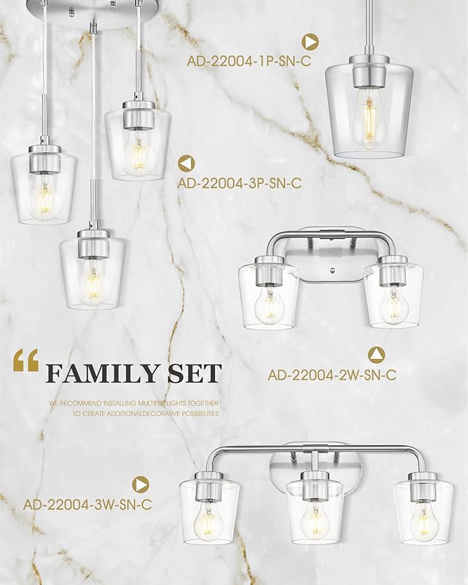 Bathroom Light Fixtures, 3-Light Brushed Nickel Vanity Lights Over Mirror with Clear Glass, Modern Vanity Lighting Fixtures, AD-22004-3W-SN-C