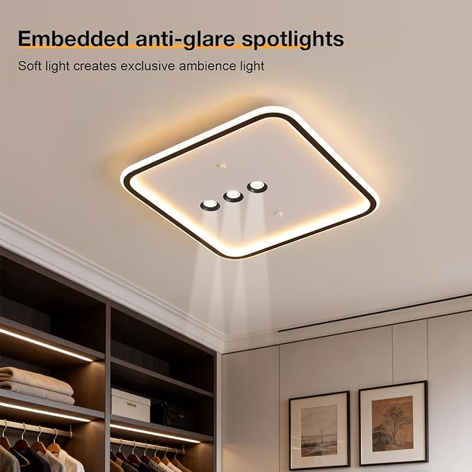 Square Diamond LED Ceiling Light with 3 Adjustable Spotlights, Dimmable Flush Mount Lighting Fixture, Black & White for Bedroom Living Room Kitchen Hallway