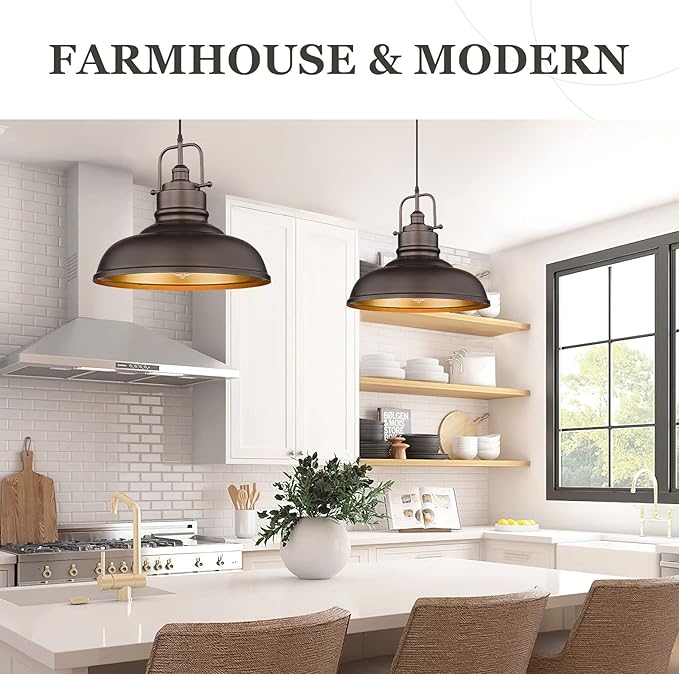 zeyu 2 Pack Large Kitchen Pendant Lights 17.7 Inch, Farmhouse Industrial Metal Dome Pendant Light for Dining Room, Oil Rubbed Bronze Finish, 016-1M-2PK ORB