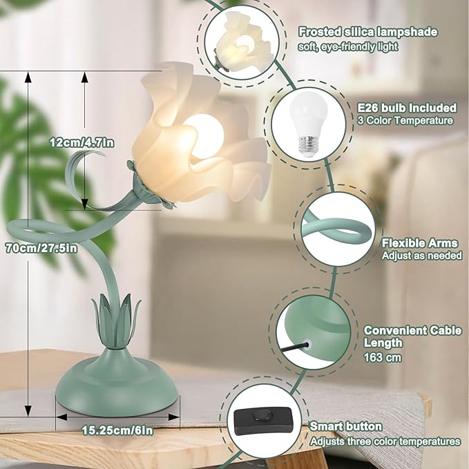 Flower Desk Lamp, LED Reading Light Flower Table Lamp, 3 Colors Flower Lamp for Girls Bedroom, Adjustable Flexible Lamp for Nightstand, Bedside Table Lamps for Bedroom, Living Room, Home Decor (Green)