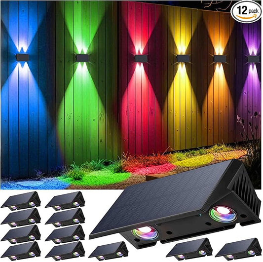 Fence Lights Solar Powered, 12-Pack Solar Fence Lights Up/Down Flexible Buttons, IP67 Waterproof for Outdoor, 100LM Bright, Auto Dusk to Dawn for Wall/Stairs/Yard/Railing/Deck/Pathway (White & RGB)