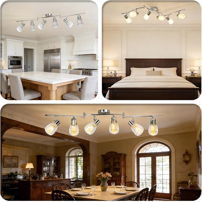 HiBay 6-Light Track Lighting, Flexible Ceiling Light Fixture w/Glass Shades, Modern Chrome Track Spot Lights Indoor for Kitchen, Living Room, Bedroom, E12 Base, No Bulbs