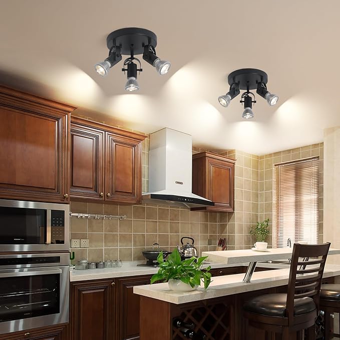 3-Light Flush Mount Ceiling Spotlight，Multi-Directional Track Lighting Fixtures Ceiling with Open No Shade Design, Black Kitchen Light for Island, Sink,Dining Room, Hallway (E26, Bulb Not Included)