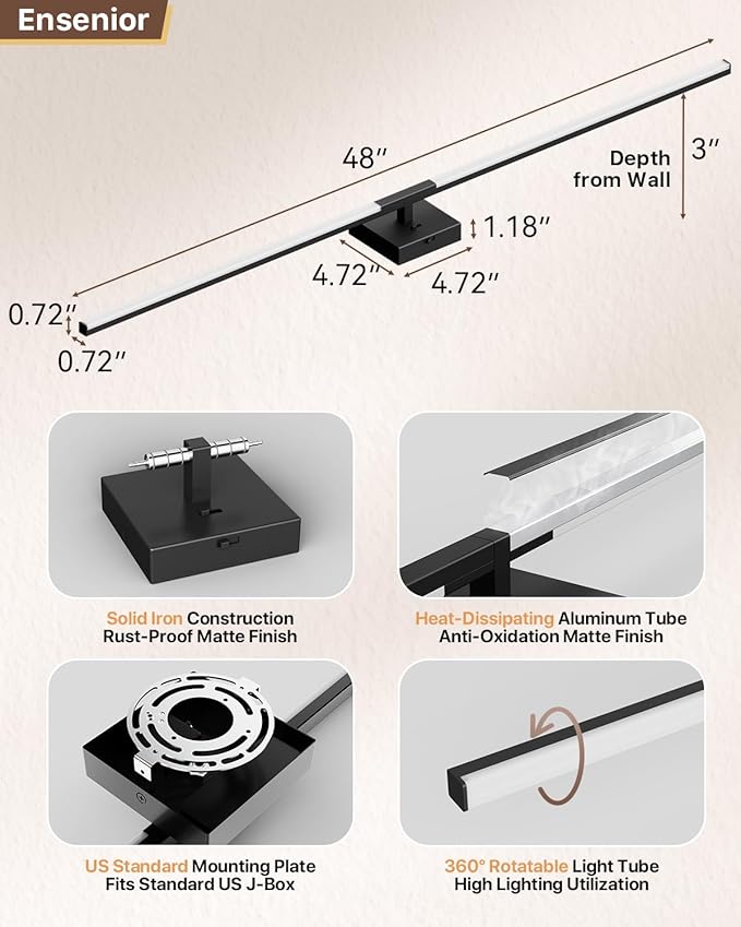 Ensenior Modern Bathroom Vanity Light 48 inch, Built-in Dimmer, 28W Dimmable 5CCT Led Bath Lights, Black Bar Vanity Lights for Bathroom Mirror Cabinets Bedroom-FCC & ETL Certificated