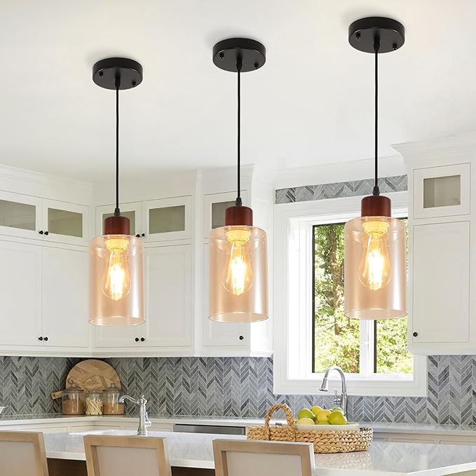 Modern Wood Pendant Lighting for Kitchen Island, Farmhouse Pendant Light Fixtures 1 Pack, Adjustable Hanging Ceiling Light with Amber Glass Shade