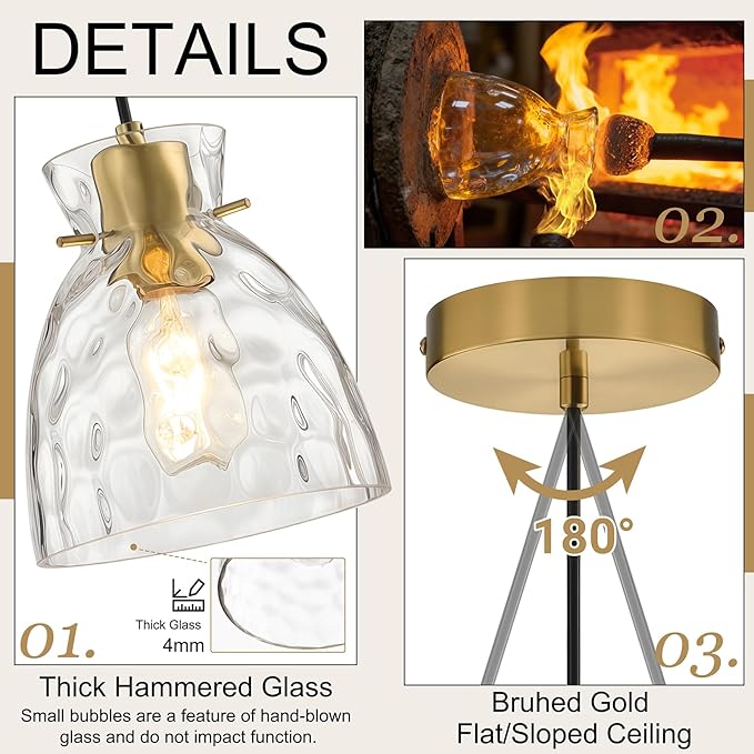 Black Gold Pendant Lights Kitchen Island 2 Pack, 5.9" Small Mini Brushed Brass Hammered Glass Pendant Light Fixtures, Modern Hanging Lights Kitchen Pendant Lighting over Sink Bathroom Dining Room