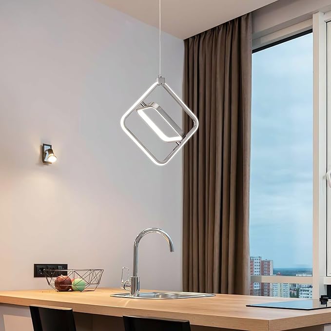 Modern LED Chandelier Chrome Rectangular Pendant Light Fixtures 4000K 20W Dimmable Height Adjustable Pendant Lighting for Dining Room Kitchen Island Bedroom Living Room Foyer（1-Pack）