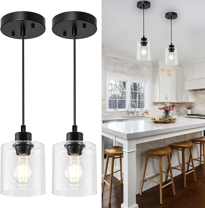 1 Light Hanging Pendant Light Fixtures, Adjustable Black Pendant Lights Kitchen Island, Modern Farmhouse Light Fixtures for Dining Room, Clear Glass Shade, E26 Base, 2 Packs