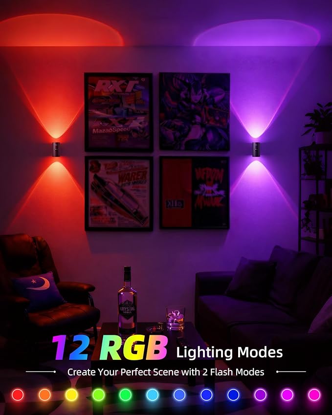 EZVALO Motion Sensor Wall Sconce with Remote, 4000mAh Rechargeable Battery Operated Wall Light, 3 CCT & 12 RGB Colors, Up & Down LED Lighting for Hallway, Stairway (Black, 1 Pack)