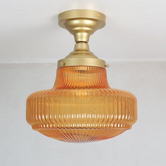 CLAXY Gold Ceiling Light Amber Glass Shade-Vintage Schoolhouse Light Fixture Semi-Flush Mount Dimmable for for Living Room/Bedroom/Dining Room/Kitchen