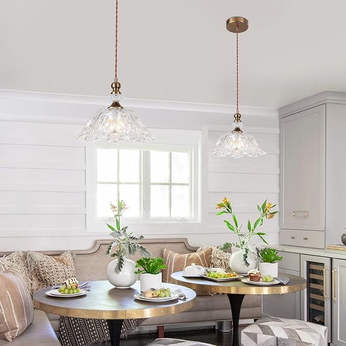 Vintage Small Glass Pendant Light Fixtures for Kitchen Island 10.6" Farmhouse Brass Gold Adjustable Hanging Ceiling Light for Bedroom Coffee Shop Dining Room Sink Table