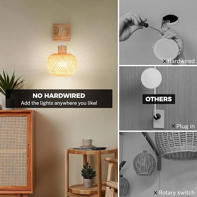 Battery Operated Wall Sconce with Remote Set of 2, Rechargeable Boho Wall Sconces with 8000mAh Bulbs, 3CCT+12RGB Dimmable Woven Bamboo Wall Light/Lamp Rattan Sconces for Bedroom Living Room