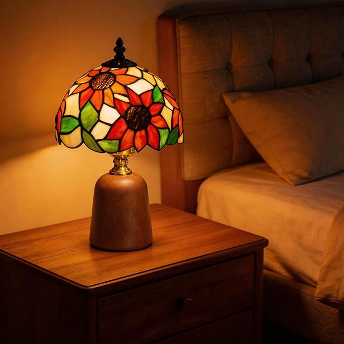 12.2" Tiffany Style Lamp, Handcrafted Stained Glass Sunflower Table Lamp with Solid Wood Base, 3-Color Dimmable Bedside Lamp for Nightstand & Bedroom, Vintage Aesthetic Accent Light