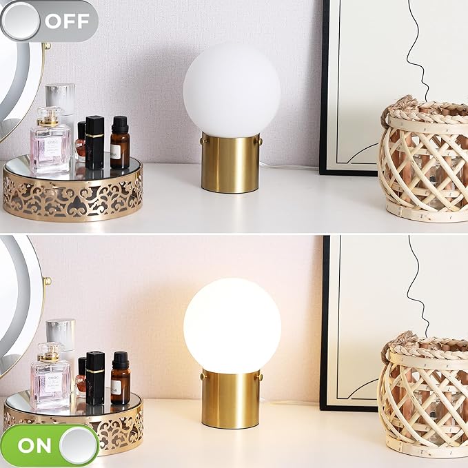 Gold Table Lamp for Nightstand with Frosted Glass Globe Lamp Shade, Mid Century Modern Bedside Lamp with Gold Metal Base, Small Nightstand Lamp Side Table Lamp for Bedroom Living Room Entryway