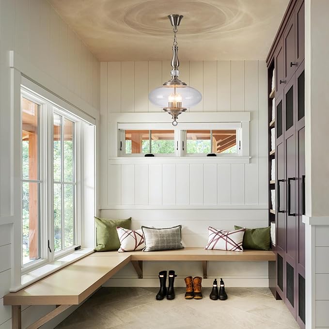 Modern Glass Large Pendant Light Brushed Nickel 5-Light Chandelier for Dining Room, Kitchen Island, H 27.5" x W 15.7", Adjustable Hanging Height