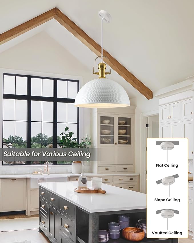 15.7 Inch White Pendant Light 2 Pack, Hammered Industrial Pendant Lights Adjustable Height, Farmhouse Dome Hanging Light for Dining Room Bedroom Foyer Barn