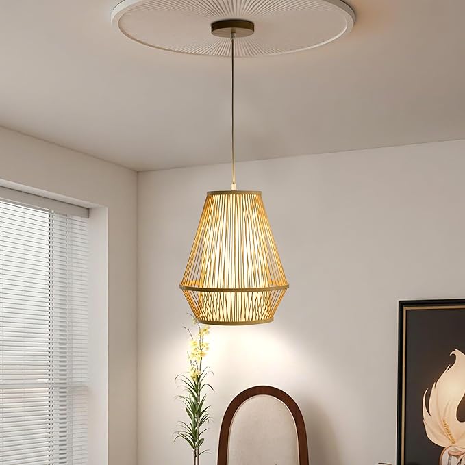 Boho Rattan Pendant Light, 12" Handwoven Bamboo Wicker Basket Shade Pendant Light Fixture, Natural Rustic Farmhouse Chandelier for Kitchen Island, Dining Room, Bedroom