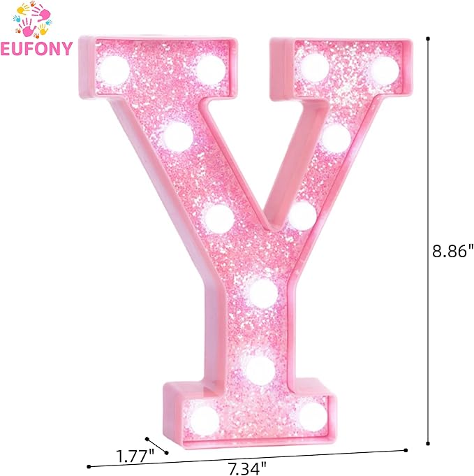 Pink Marquee Light Up Letters, Glitter Alphabet LED Letter Lights for Pink Birthday Party Decorations, Battery Operated Letter Sign for Girls Room Vanity Table Decor, Cool White Lights Letter Y
