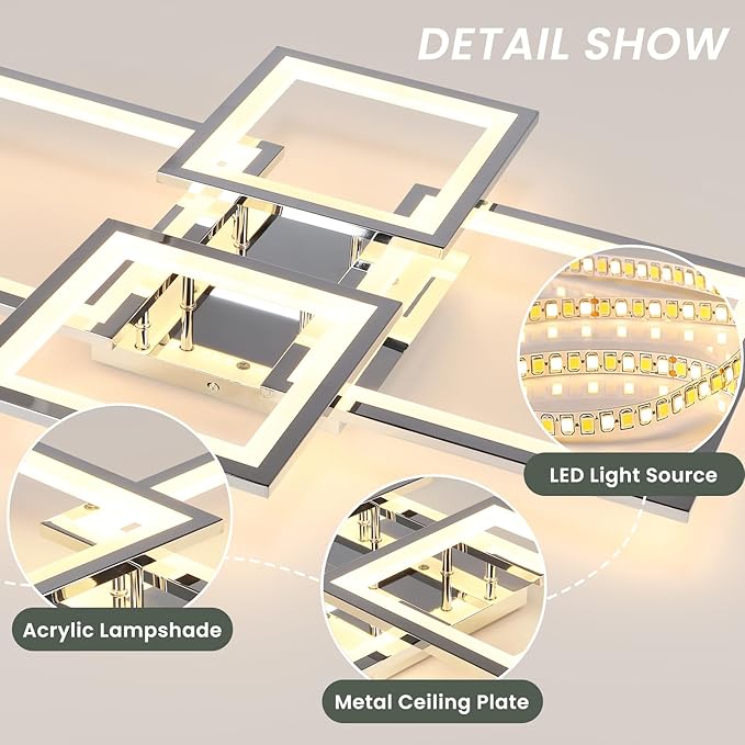Acrylic Modern LED Ceiling Light, Square LED Flush Mount Ceiling Light, Dimmable Kitchen Light Fixtures with Remote&APP, Close to Ceiling Lighting Fixture for Dining Room Kitchen Living Room Bedroom