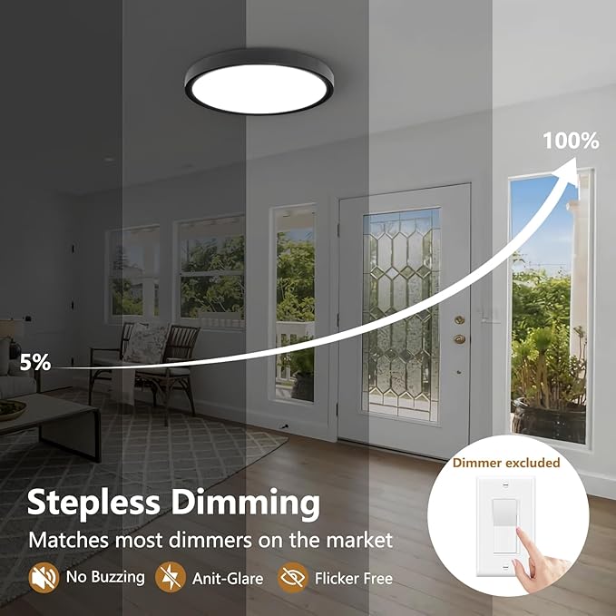 15.8inch Dimmable LED Flush Mount Ceiling Light, 32W, 3480LM, 2700K/3000K/4000K/5000K/6000K CCT Selectable,LED Round Flat Panel Light Dimmable from 5% to 100% for Bedroom,Kitchen,Hallway, Black 4PK