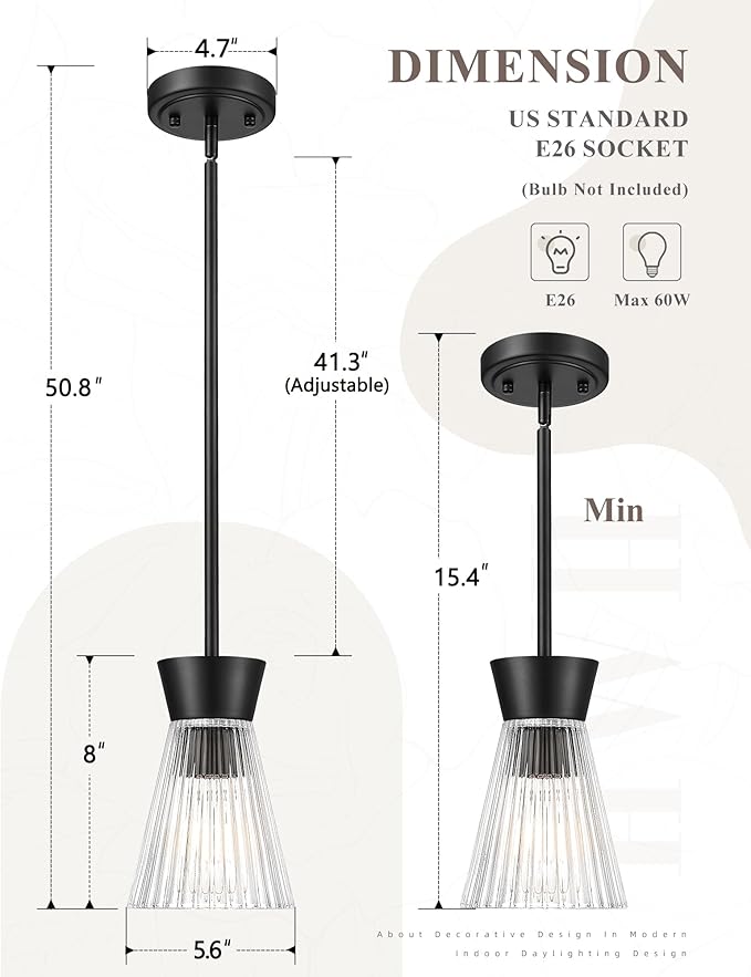 Modern Pendant Light, HWH 1-Light Adjustable Hanging Lighting for Kitchen, Living Rooms, Bedrooms, Black Kitchen Island Lights with Clear Striped Glass, Matte Black Finish, 5HZG107MIL BK