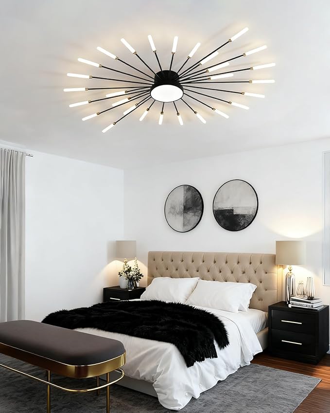 Modern Firework Ceiling Lamp, 29 Lights Metal Black Sputnik Flush Mount Ceiling Light Fixture, 40W LED Flower Chandeliers Lighting Fixture for Farmhouse Kitchen Dining Room Bedroom Living Room