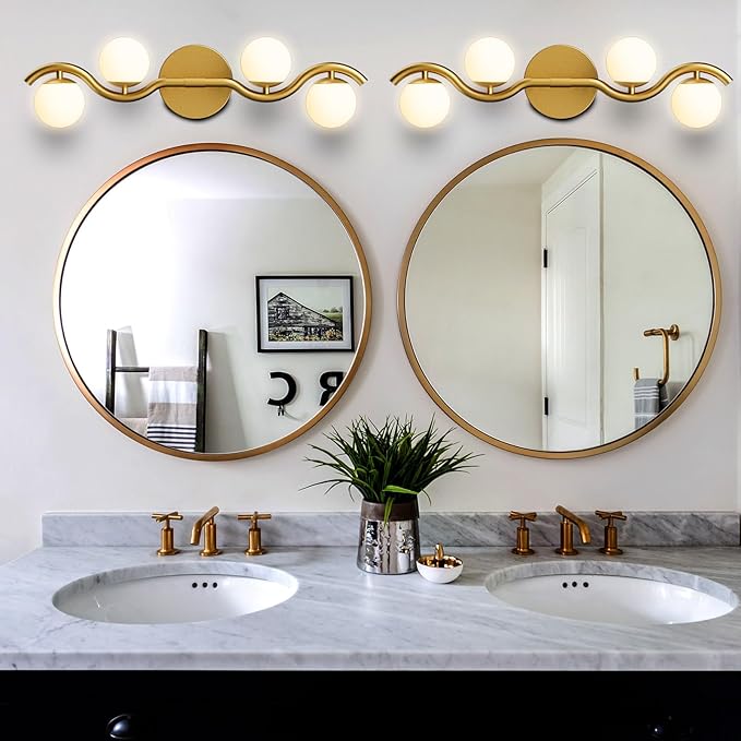Lightdot 27" 4-Light S-Frame Gold Bathroom Vanity Light | Shatterproof Plastic Shades | Compatible with TRIAC Dimmers | G9 Socket & Bulbs Included