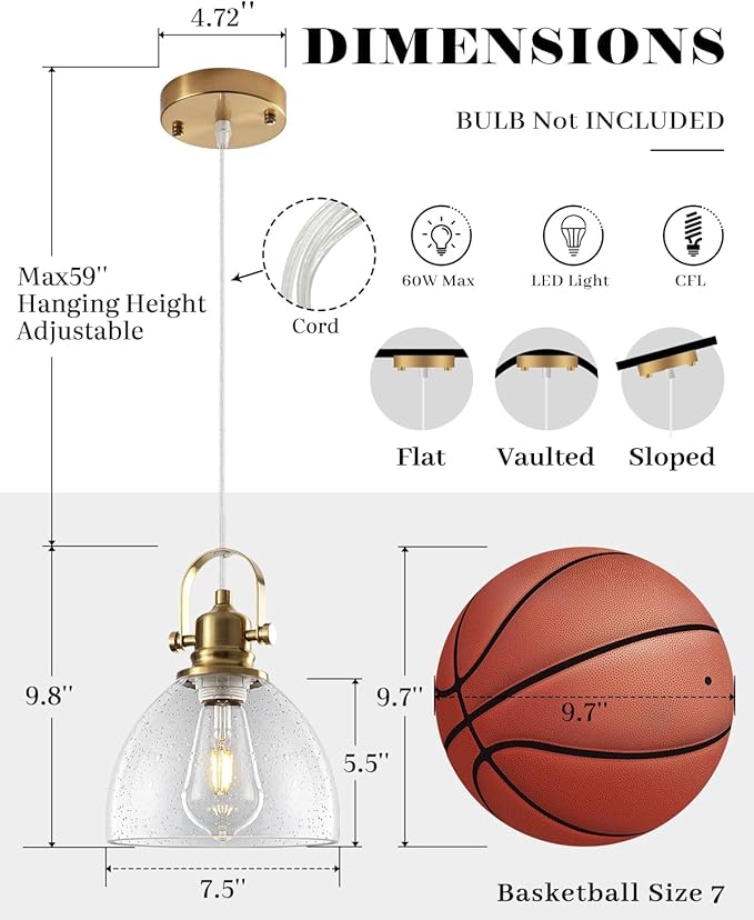Gold Pendant Lights 2 Pack, 7.5 Inch Seeded Glass Pendant Light, Gold Farmhouse Pendant Light Kitchen Island, Glass Kitchen Pendant Lights for Kitchen Island, Dining Room, Living Room