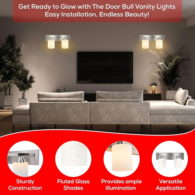 The Door Bull Modern 2-Light Bathroom Vanity Light – Brushed Nickel Fixture with Frosted Glass Shades, E26 Socket – Wall Sconce for Mirror, Bathroom, Kitchen, Hallway, Entryway