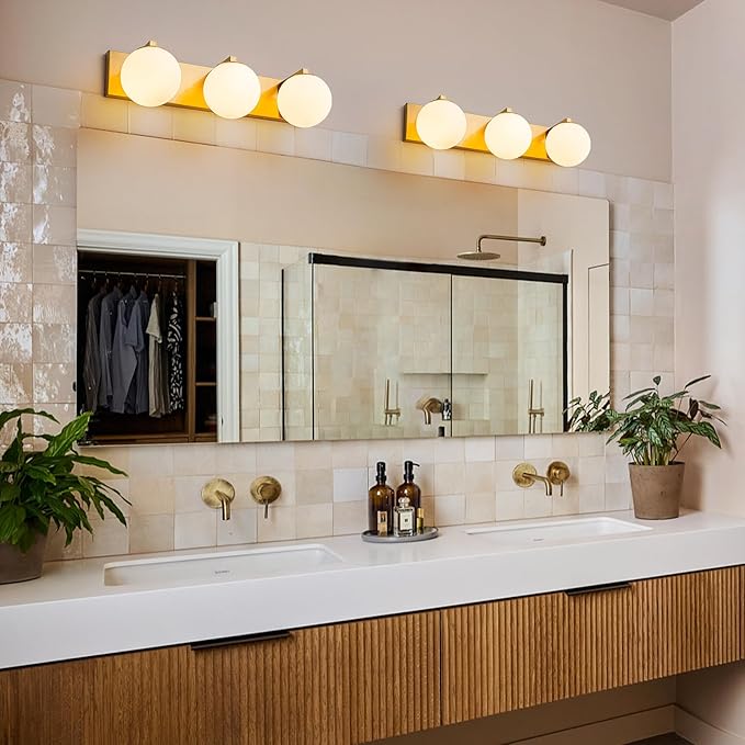 Lingkai Brushed Gold Vanity Light, 3-Light Bathroom Lighting Fixtures Above Mirror with Milky White Glass Globe Shades, Mid-Century Modern Vanity Lighting Fixtures Wall Sconce 22 Inch, E12 Socket