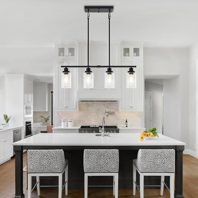 Modern Island Lights for Kitchen Black Dining Room Light Fixtures Over Table 4-Light Farmhouse Linear Chandelier Adjustable Hanging Kitchen Lights Ceiling Clear Glass Pendant Lighting Over Island