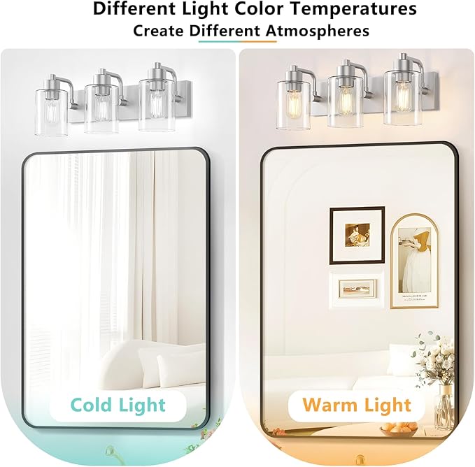 Dpyrrhic Brushed Nickel Bathroom Light Fixtures, Wall Mounted 3-Light Bathroom Lights Over Mirror with Clear Glass Shade,Wall Sconces for Kitchen Living Room Bedroom