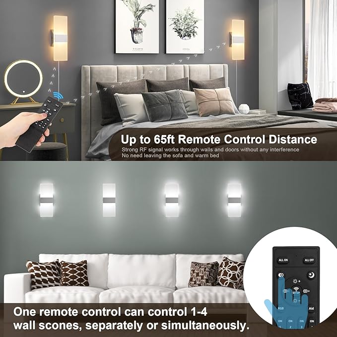 GOODATE Plug in Wall Sconces with Stepless Adjustable 3000K-6500K Colors and 10%-100% Brightness, Sconces Wall Lighting with Remote Control 12W Acrylic LED Wall Lamp with 6FT Plug in Cord, 1 Pack