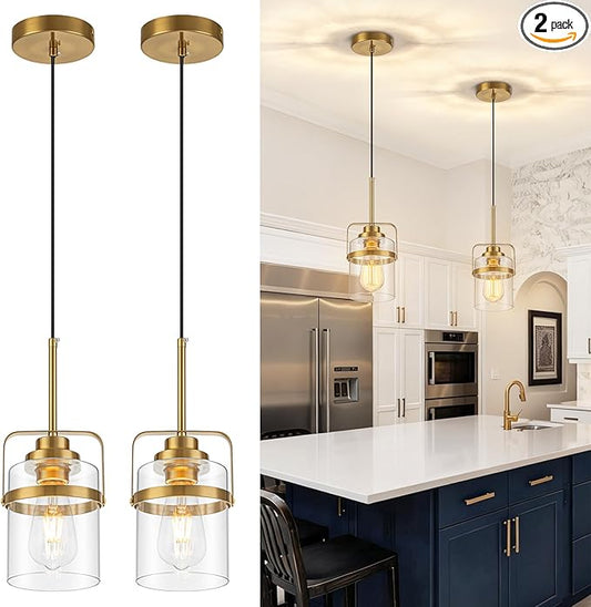 Modern Brass Pendant Lights Kitchen Island Light, Adjustable Hanging Light Fixture with Clear Glass Shade, Farmhouse Pendant Light for Dining Room Bar Over Sink/Table/Counter, 2 Pack
