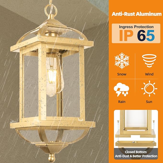 Gold Outdoor Pendant Light for Porch Fully Enclosed, 16 Inch Large Exterior Hanging Light Aluminum Made Anti-Corrosion Outside Ceiling Mount Lights Brass Chandelier Entry Light, E26