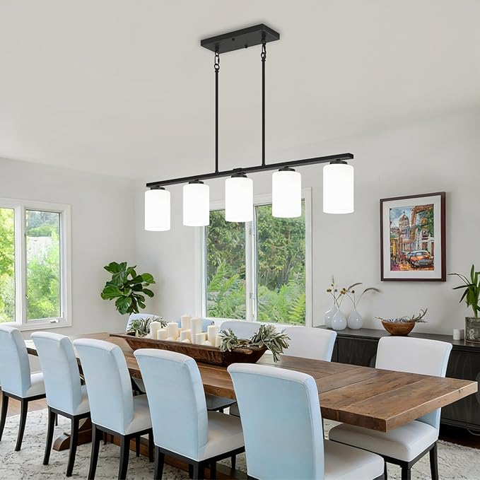Modern Island Lights for Kitchen 5-Light Black Dining Room Light Fixtures Over Table Glass Penadnt Lights Adjustable Hanging Kitchen Island Lighting Linear Farmhouse Chandelier Over Island
