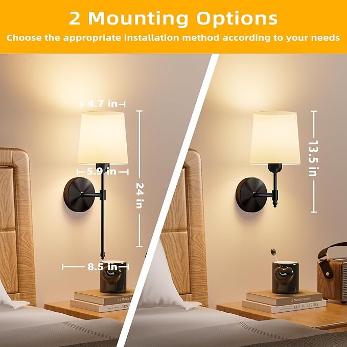 Ouyulong Battery Operated Wall Sconces Set of 2, Wireless Rechargeable Dimmable Wall Light with 5600mAh RGB Bulb and Remote for Bedroom, Living Room, Hallway 24in Black