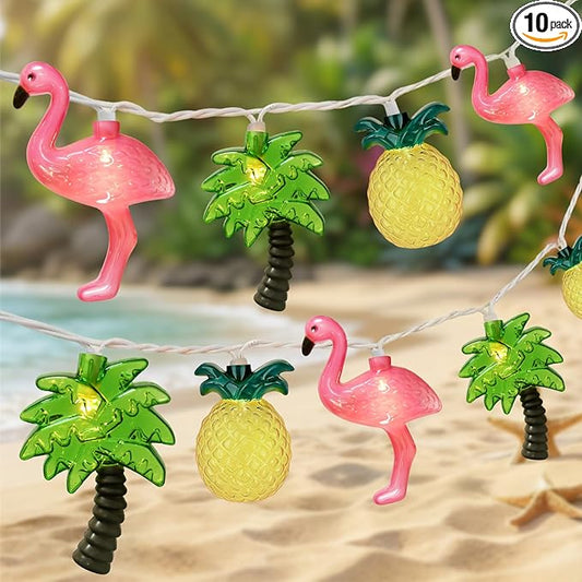 PASUTO Summer Beach Hawaiian String Lights, 10 LED Tropical String Lights, Hawaiian Tropical Beach Pool Party Decorations, Flamingo Pineapple Palm Tree Light Indoor Outdoor, Connectable Plug