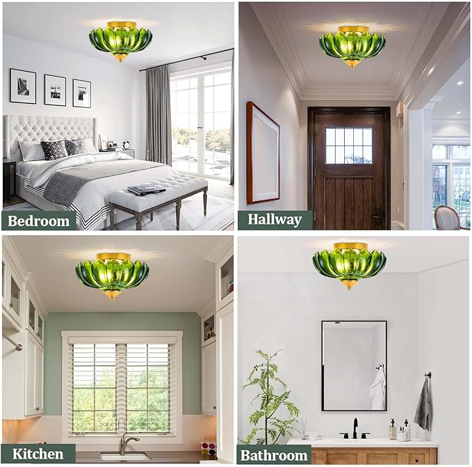 Semi Flush Mount Ceiling Light,Vintage Ceiling Light 9.8 Inch Small Green Glass Ceiling Lighting E26 Hallway Vintage Lights Fixture Ceiling for Living Room, Bedroom, Dining Room